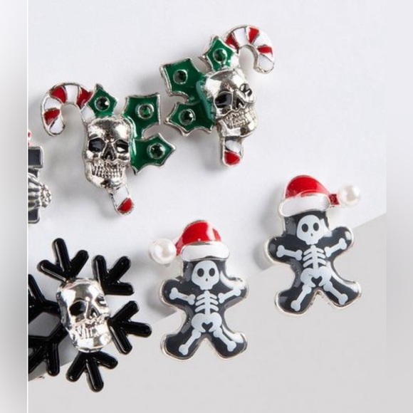 Torrid Dark Spooky Holiday Stud Earring Set Skeleton Skull Snowflake Christmas - Picture 4 of 11